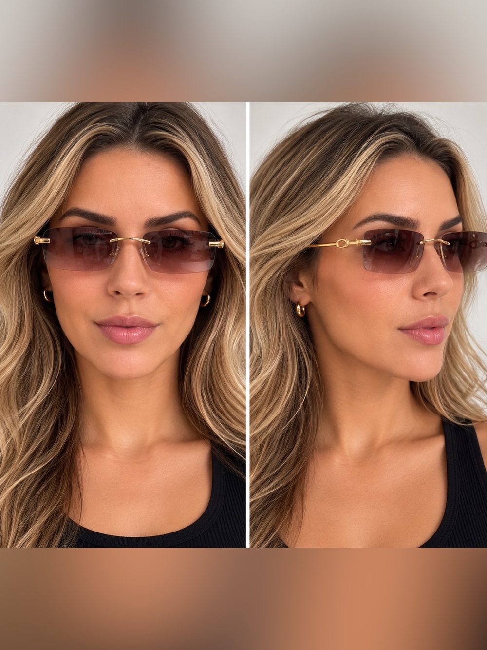 Y2K Rimless Rectangle Sunglasses – Brown Gradient & Gold Tone